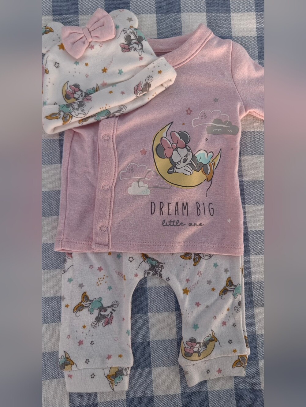 Disney Baby Pink Minnie Mouse "Dream Big Little One" Set with Bow Hat, 0-3 Month